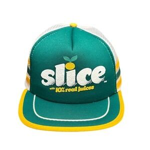 Vtg Slice 10% Real Juice 3 Stripe Trucker Hat Cap Snapback Green Yellow Mesh
